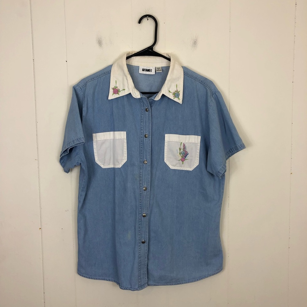 Vintage Embroidered Short Sleeve Denim Button Down Sz‎ L
